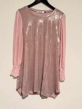 Origami Sequin Pink Tunic or Mini Dress with Sheer Sleeves